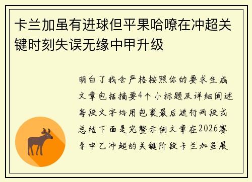 卡兰加虽有进球但平果哈嘹在冲超关键时刻失误无缘中甲升级