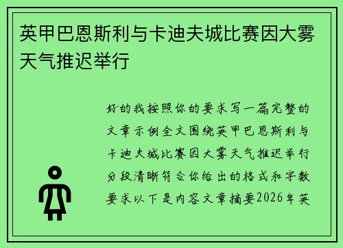 英甲巴恩斯利与卡迪夫城比赛因大雾天气推迟举行 英甲巴恩斯利与卡迪夫城比赛因大雾天气推迟举行